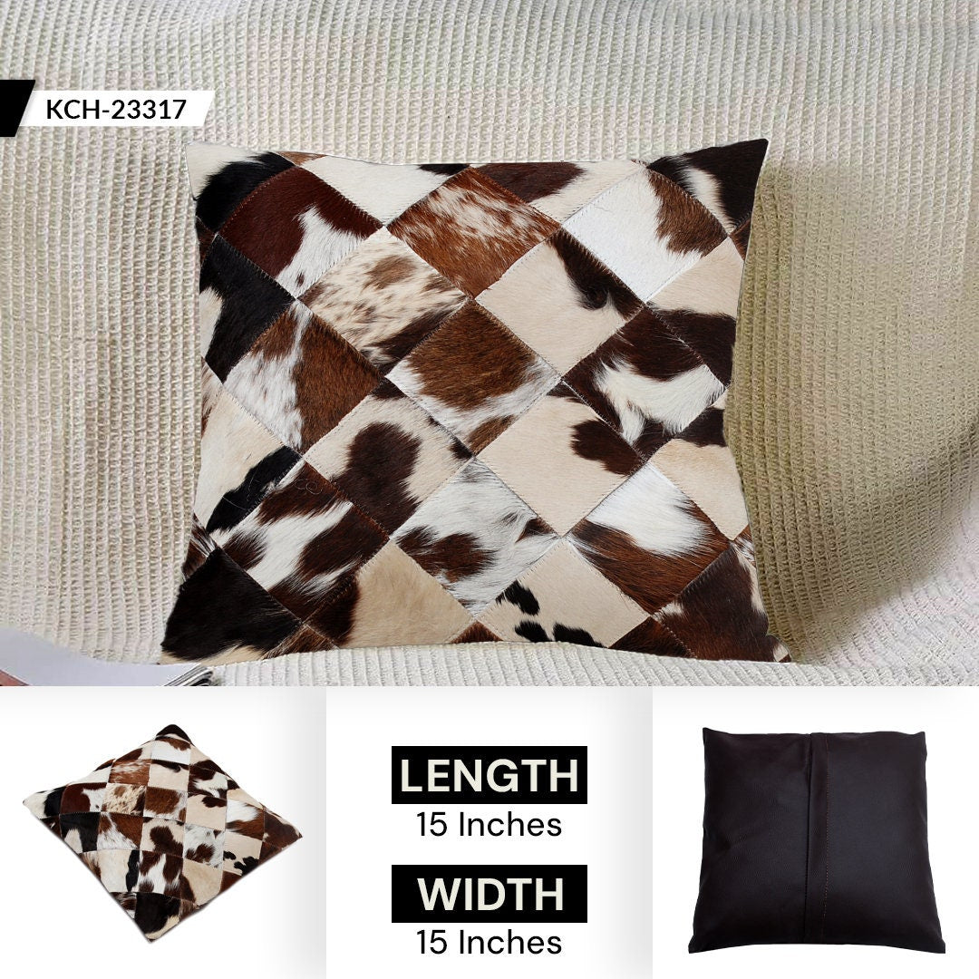 Luxurious Handmade Multicolour Patchwork Cowhide Cushion Cover for Non-Shedding Sofa - Soft Natural Hair, Unique Rustic Charm, Durable