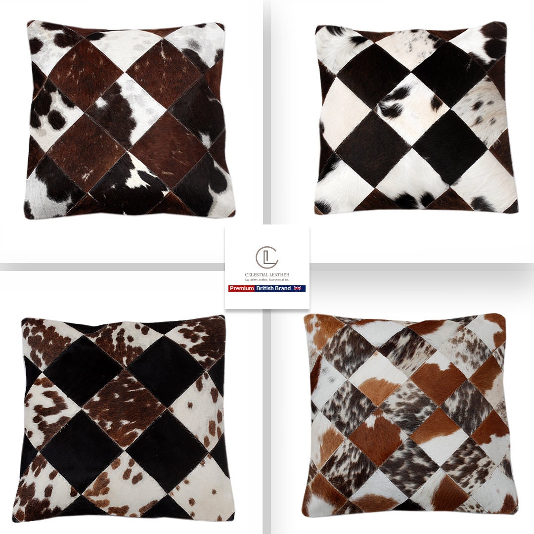 Luxurious Multicolor Patchwork Cowhide Cushion Cover - Handmade Natural Hide Throw Pillow Case - Rustic Elegance for Sofa or Bed