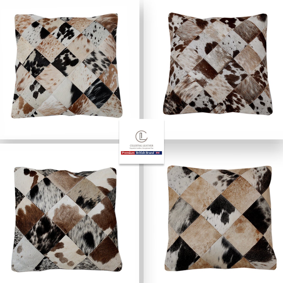 Luxury Multicolor Handmade Cowhide Patchwork Cushion Cover - Hypoallergenic Rustic Elegance & Natural Beauty