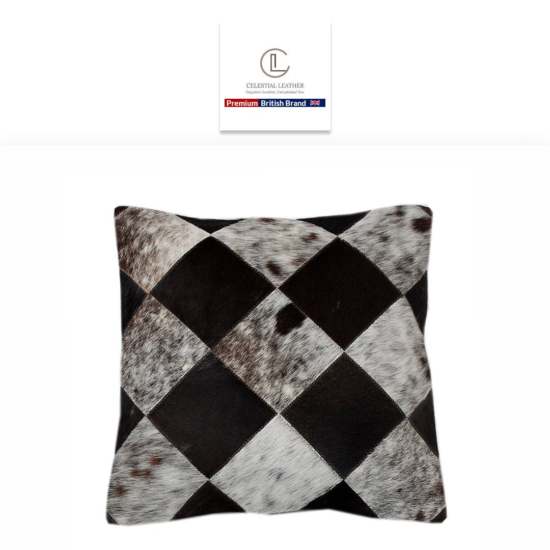 Luxurious Multicolor Patchwork Cowhide Cushion Cover with Non-Shedding Hair for Sofa - Handmade Rustic Elegance and Natural Beauty