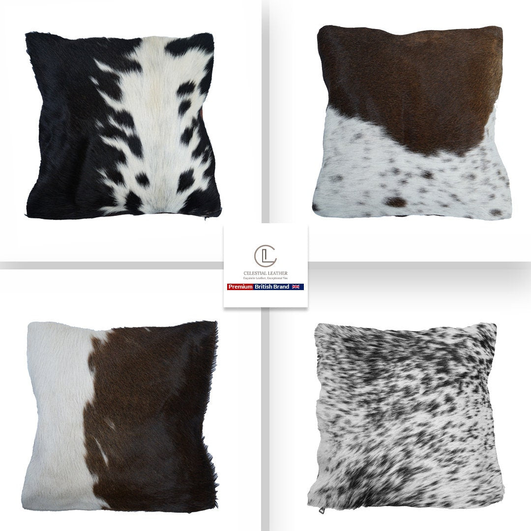 Luxurious Handmade Cowhide Accent Cushion Cover - Velvet Back, Unique Animal Patterns, Rustic Charm, Natural Cowhide Hair, Soft and Durable - Celestial Leather Limited