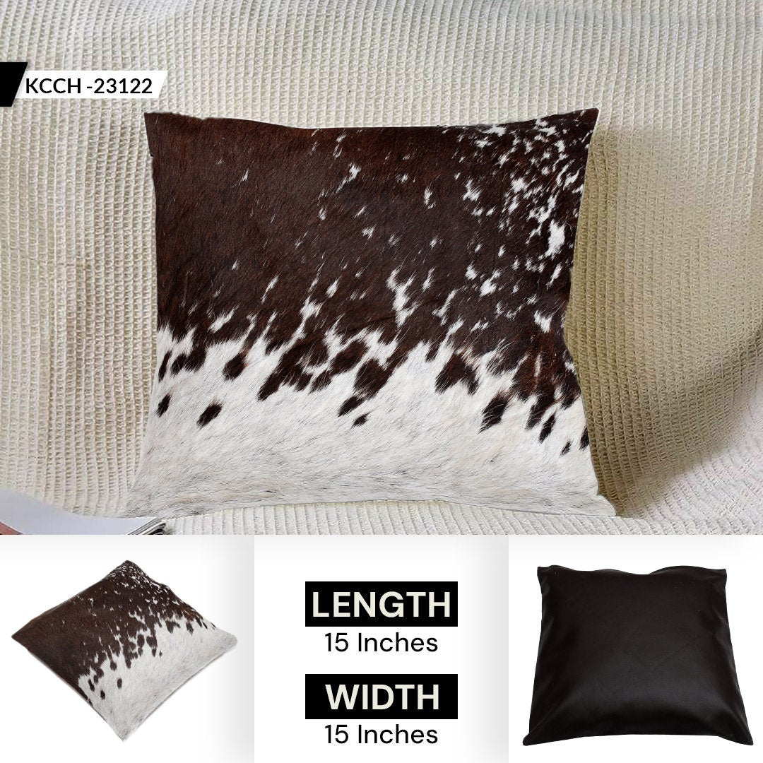 Luxurious Handmade Brown and White Cowhide Cushion Cover for Rustic Elegance and Natural Beauty - Celestial Leather Limited