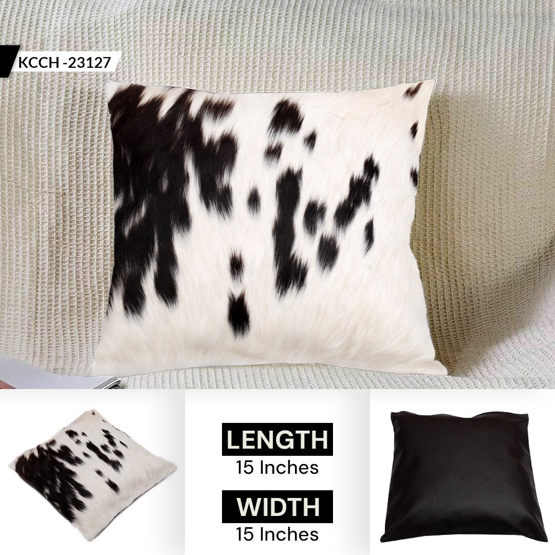 Luxurious Handmade Brown & White Cowhide Cushion Cover with Animal Print - Rustic Elegance for Home Decor