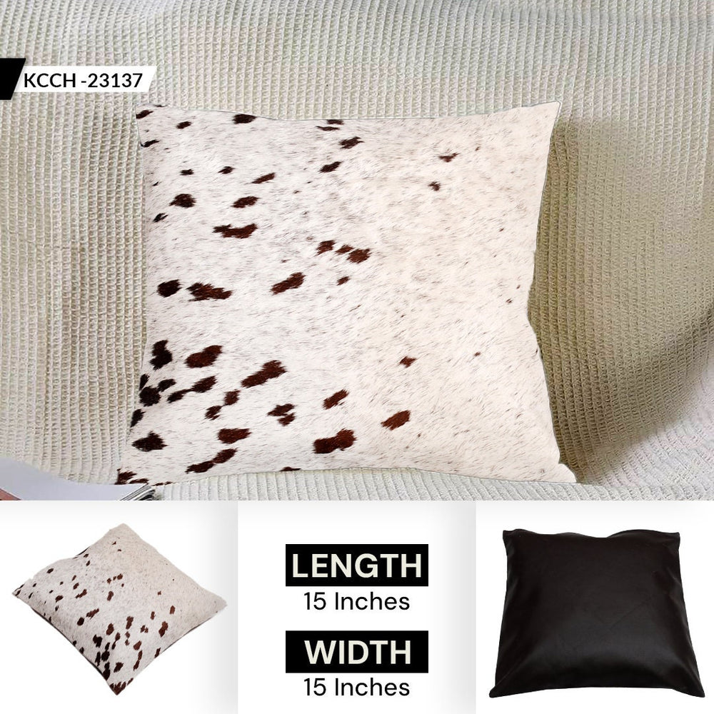 Luxury Brown & White Cowhide Cushion Cover - Handmade Animal Print Rustic Elegance - Natural 100% Leather - Unique Gift - 15x15cm - Celestial Leather Limited