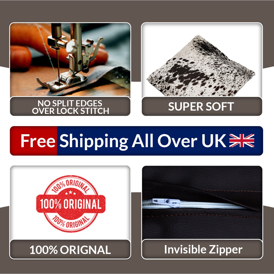 Luxurious Handmade Brown and White Cowhide Cushion Cover - Rustic Elegance for Sofa or Bed in Soft Cowhide Hair and Faux Leather