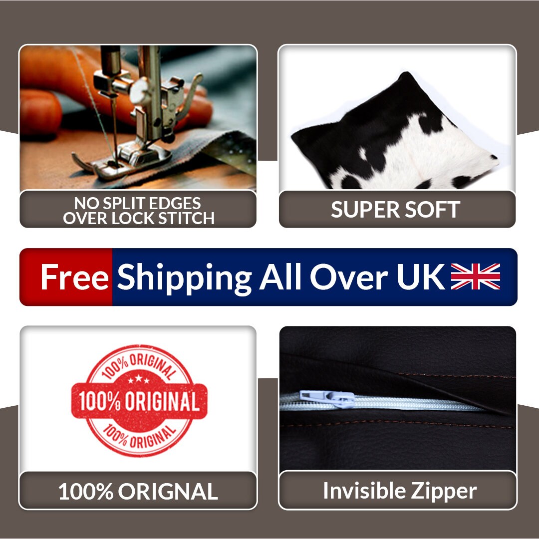 Luxurious Handmade Brown and White Cowhide Cushion Cover with Soft Faux Leather Back - Celestial Leather Limited