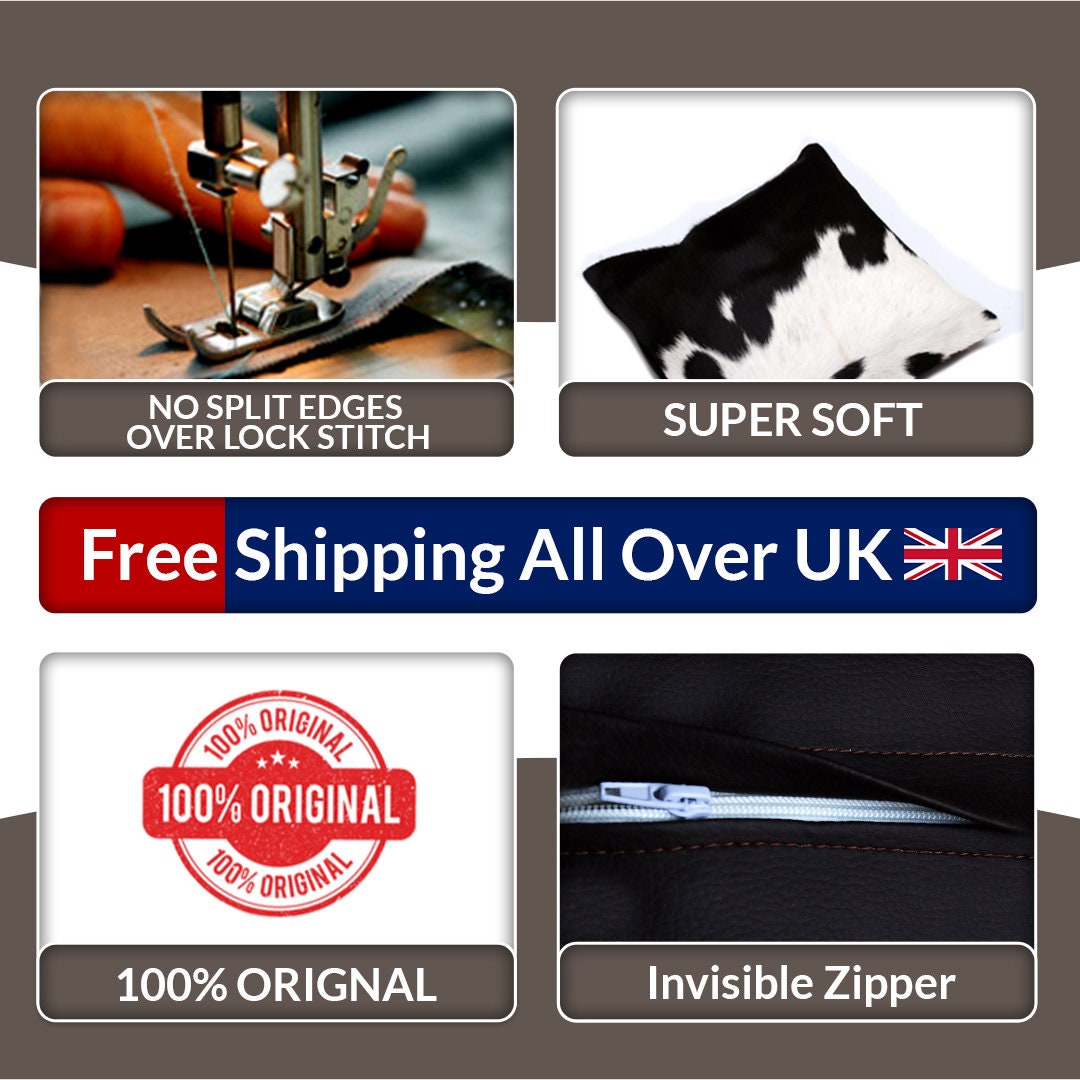 Luxurious Handmade Brown & White Cowhide Cushion Cover with Soft Faux Leather Back - Rustic Elegance for Sofa or Bed