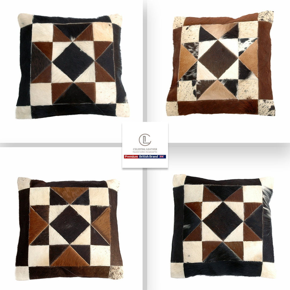 Handmade Multicolor Patchwork Cowhide Cushion Cover for Rustic Elegance and Natural Beauty - Celestial Leather Limited