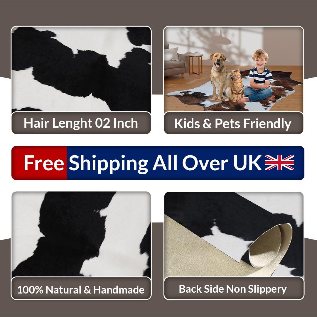 Luxurious Black and White Cowhide Rug - Hypoallergenic, Handcrafted, Unique Beauty - Medium Size for Home Decor
