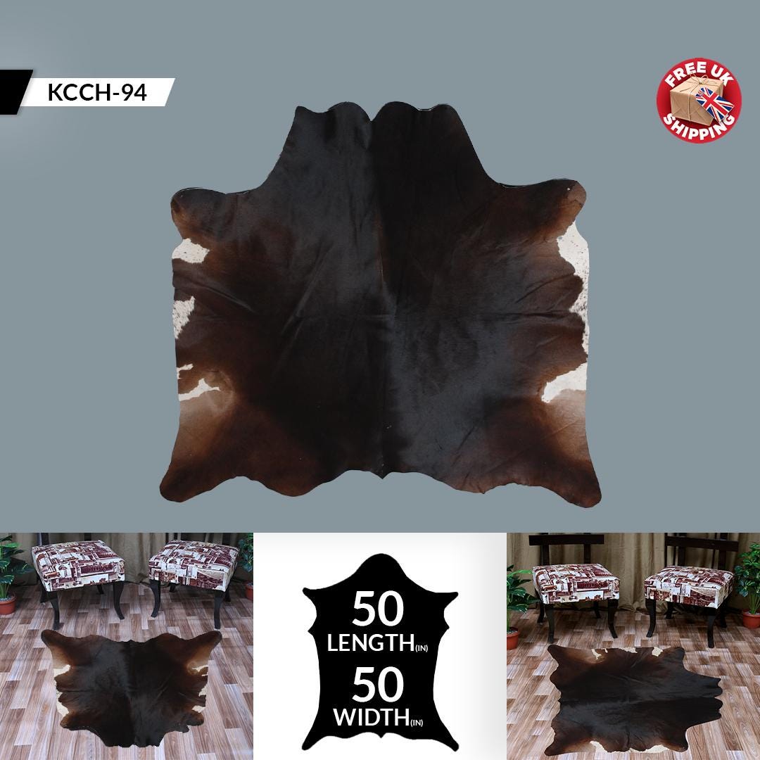 Luxurious Dark Brown & White Cowhide Rug - Hypoallergenic - Non-Slip Medium Cow Skin Rug for Chic Modern Home Decor