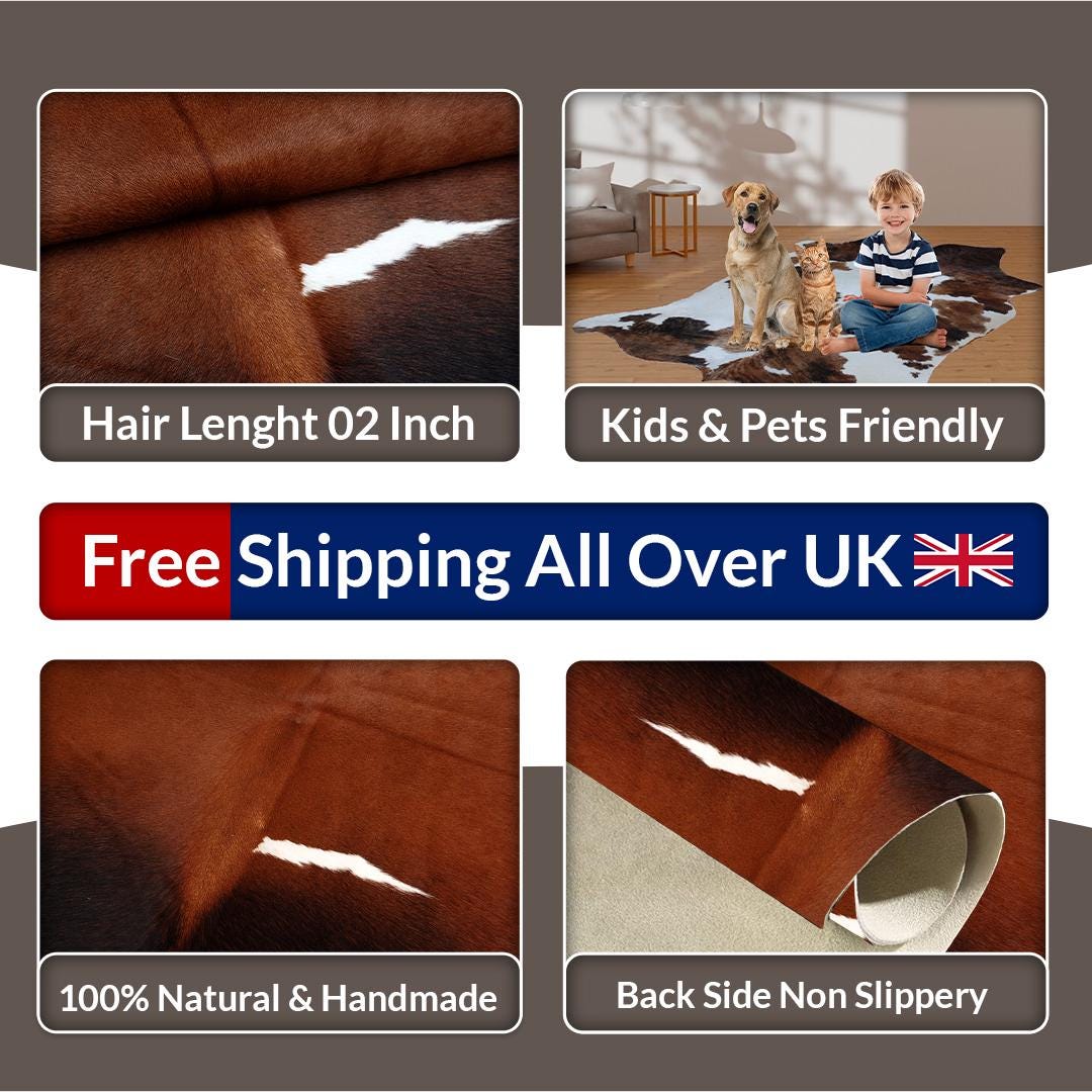 Luxury Handcrafted Medium Brown & White Cowhide Rug - Hypoallergenic, Non-Slip, Unique Natural Beauty, Durable - Versatile