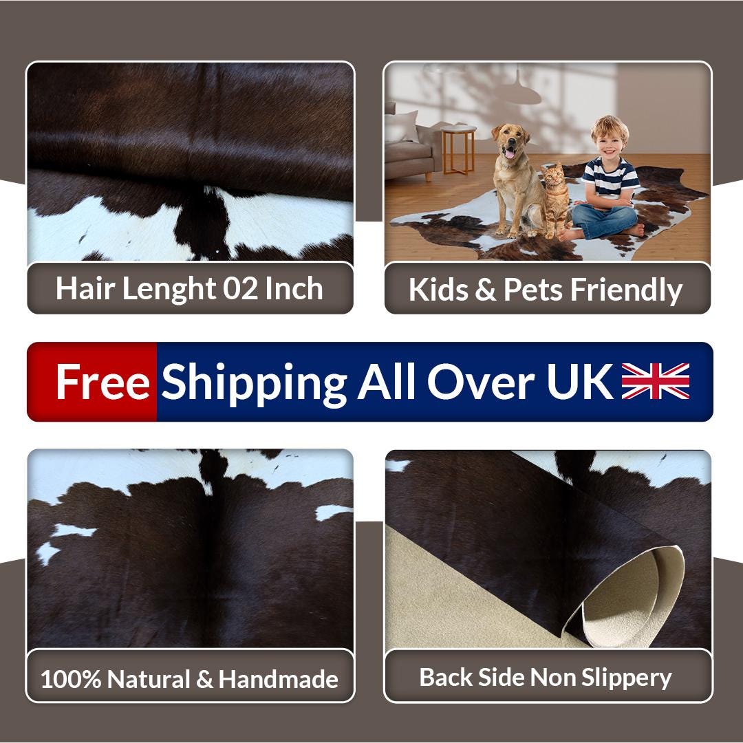 Luxury Brown White Cowhide Rug | Hypoallergenic Non Slippery | Handcrafted Natural Hide | Unique & Versatile Area Rug | Free UK Shipping