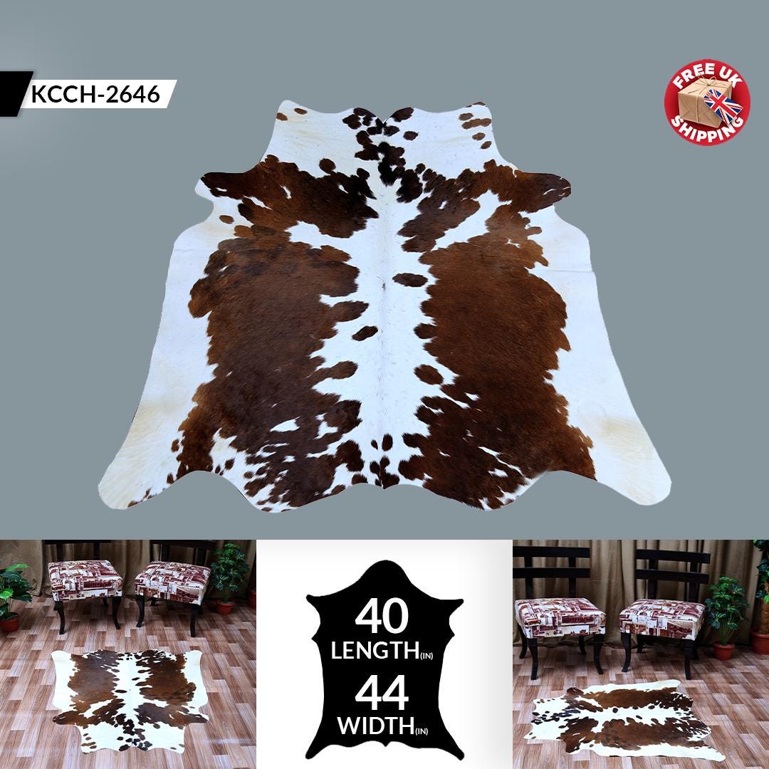 Luxurious Dark Brown and White Cowhide Rug with Small Animal Pattern - Hypoallergenic, Non-Slippery Suede Back, Non-Shedding - Handcrafted