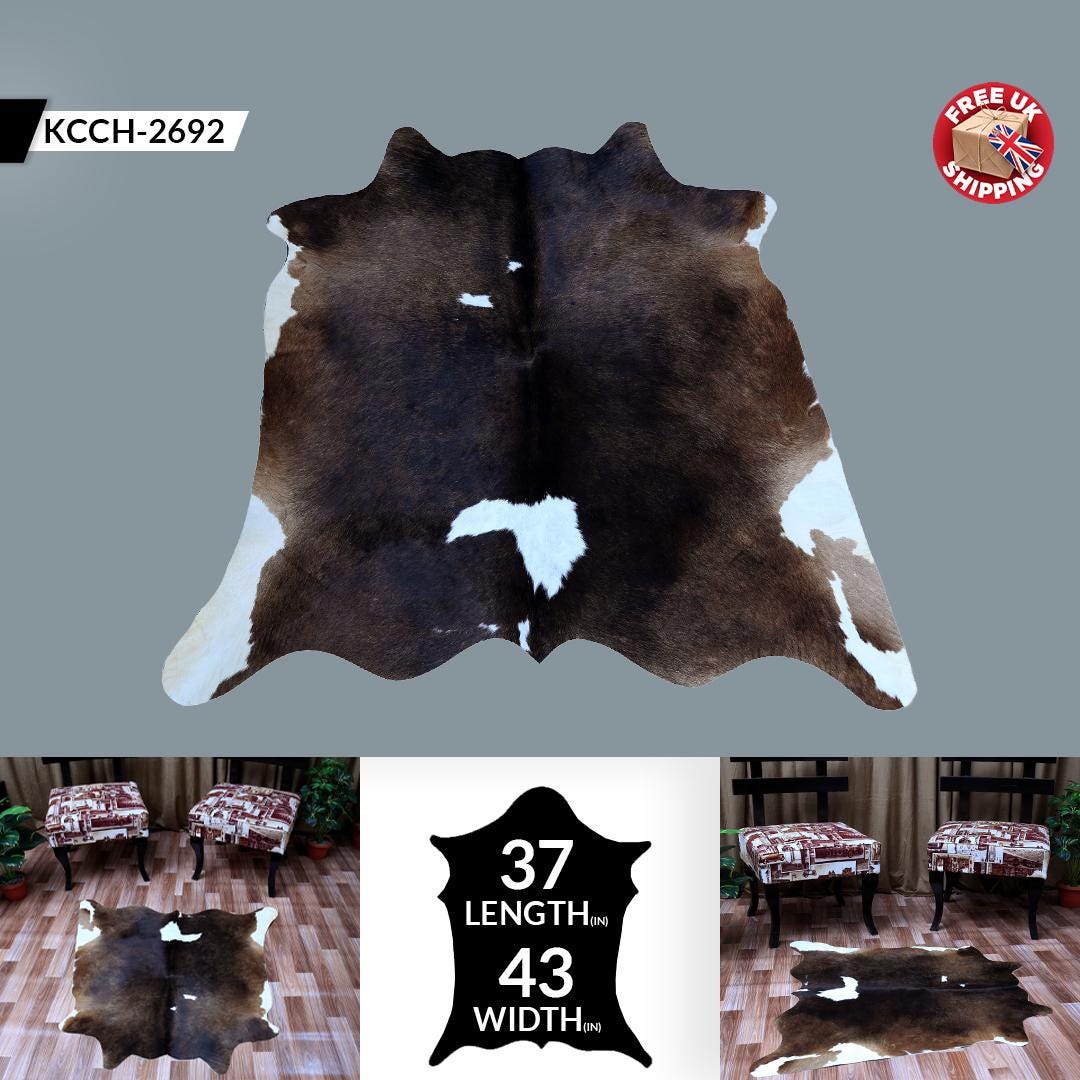 Luxurious Dark Brown and White Cowhide Rug Hypoallergenic Small Animal Print Non-Slip Soft Hide for Home Decor - Free UK Shipping