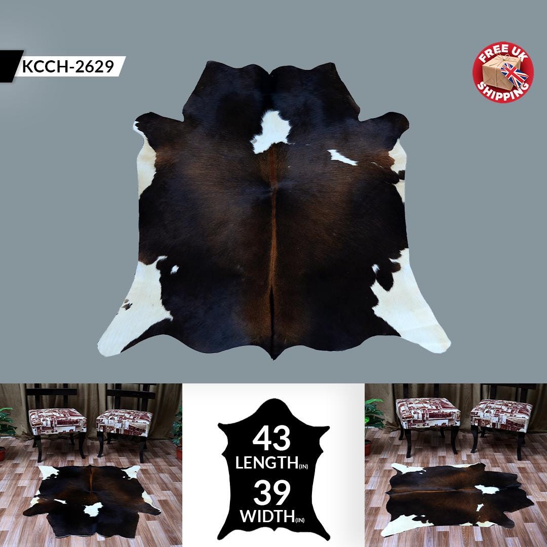 Luxury Brown & White Cowhide Rug - Small Size, Hypoallergenic, Non-Slip Suede Back - Handcrafted Natural Hide for Elegant Home Decor