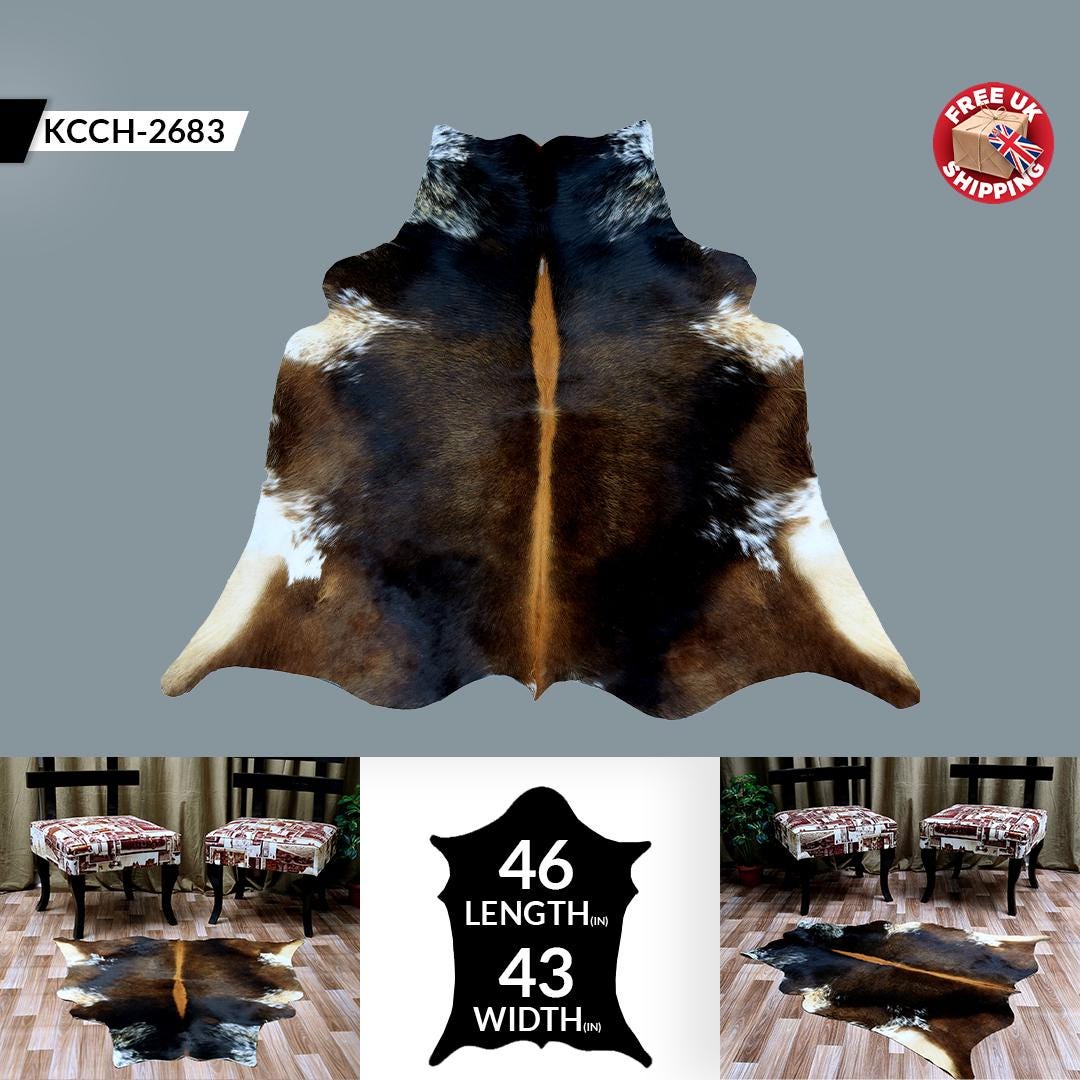 Luxurious Brown and White Cowhide Rug - Hypoallergenic, Non-Slip Back, Handcrafted Natural Hide Rug with Animal Pattern - Small Size - Free