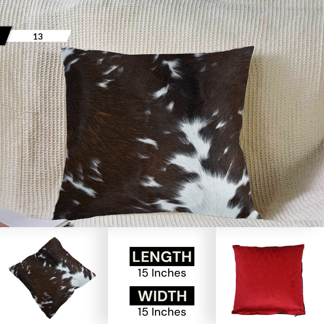 Luxury Handmade Cowhide Cushion Cover with Velvet Back - Animal Print Throw Pillow Case, Brown, Black, White Pattern - Celestial Leather Limited