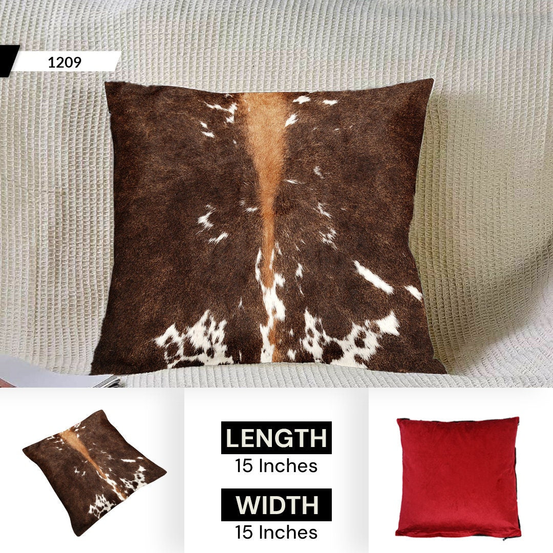 Luxurious Handmade Cowhide Cushion Cover with Velvet Back - Brown, Black, and White Pattern - Rustic Elegance for Home Decor - Celestial Leather Limited