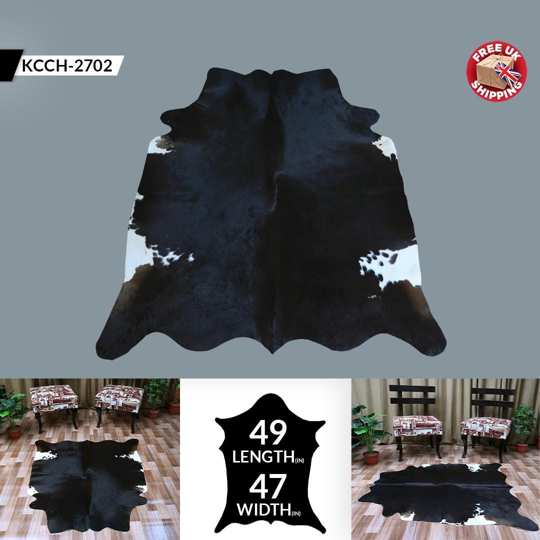Luxurious Medium Cowhide Rug with Unique Dark Brown & White Hair - Hypoallergenic - Durable for Bedroom/Living Room