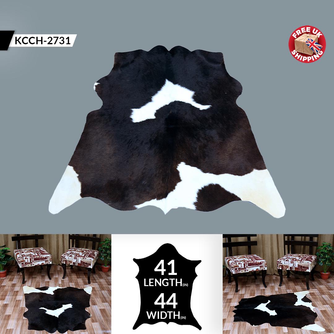 Luxurious Natural Cowhide Rug with Unique Brown and White Hair | Handcrafted Medium Size for Elegant Home Decor