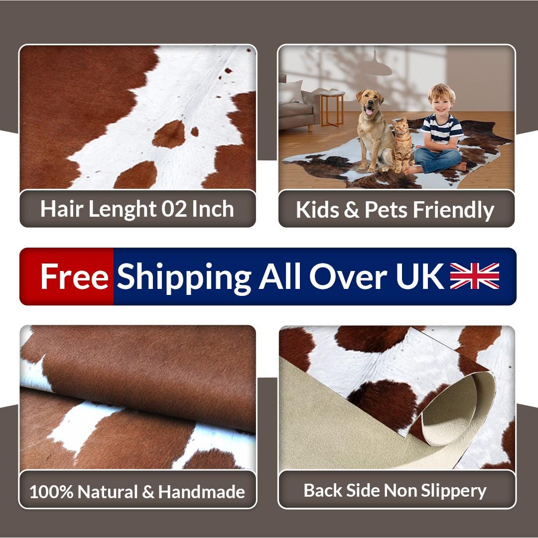 Luxury Handcrafted Brown & White Cowhide Rug - Hypoallergenic, Non-Slip Backing, Unique Natural Beauty - Durable - Versatile Home Decor