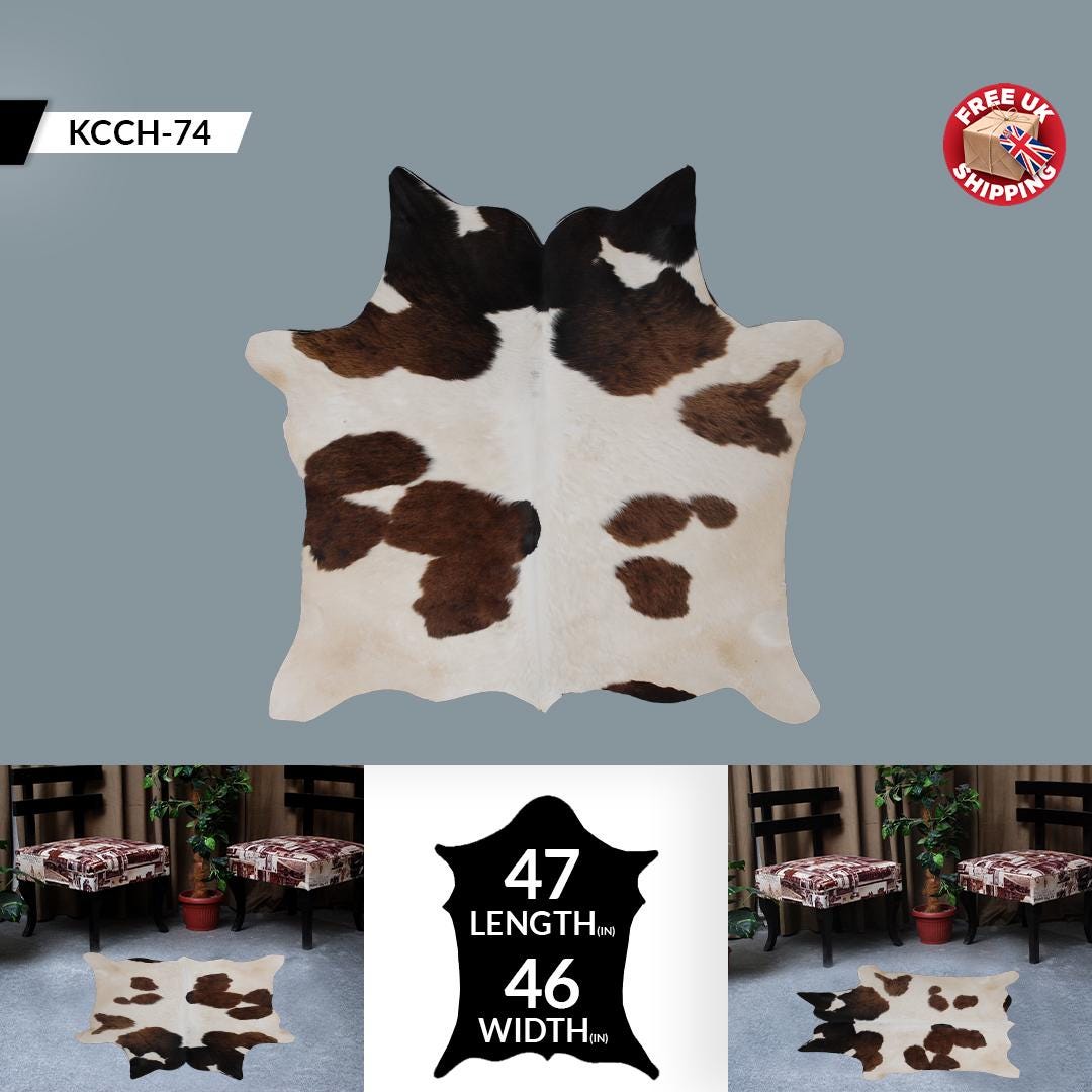 Luxury Handcrafted Brown & White Cowhide Rug - Hypoallergenic, Non-Slip Backing, Unique Natural Beauty - Durable - Versatile Home Decor