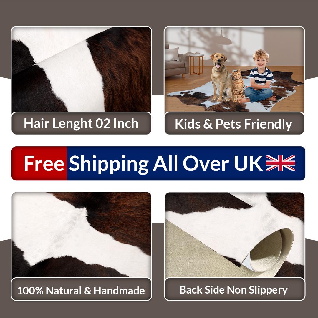 Luxury Handcrafted Natural Cowhide Rug in Classic Brown and White - Hypoallergenic, Non-Slip Backing, One-of-a-Kind Beauty for Home Décor