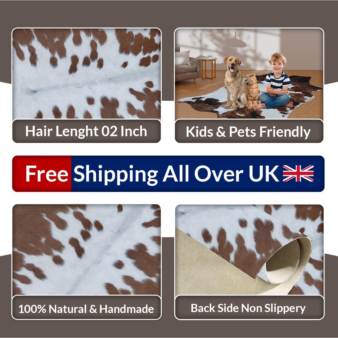 Luxurious Medium Brown & White Cowhide Rug | Hypoallergenic, Non-Slip Backing | Handcrafted Natural Hide | Unique Markings | Durable