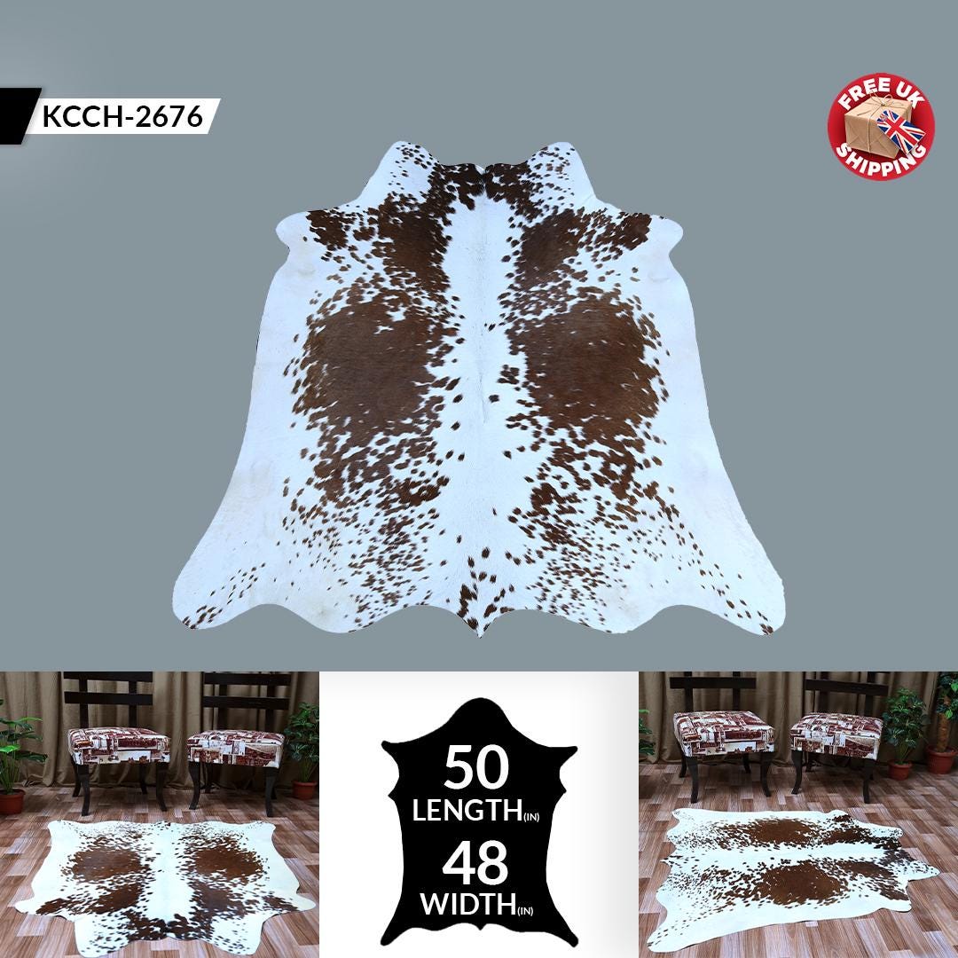 Handcrafted Luxury Medium Cowhide Rug | Classic Brown & White | Hypoallergenic, Non-Slip Backing | Unique Natural Beauty | Durable