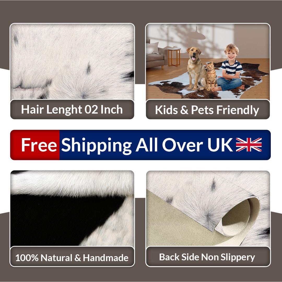 Luxurious Large Brown & White Cowhide Rug for Bedroom - Living Room, Hypoallergenic - Non-Slippery, Perfect for Upholstery