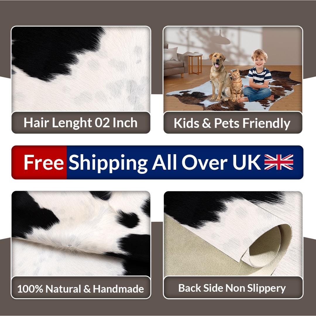 Luxury Brown & White Cowhide Rug for Elegant Home Decor - Large Size, Hypoallergenic - Non-Slip Backing - Top Quality Natural Cow Skin