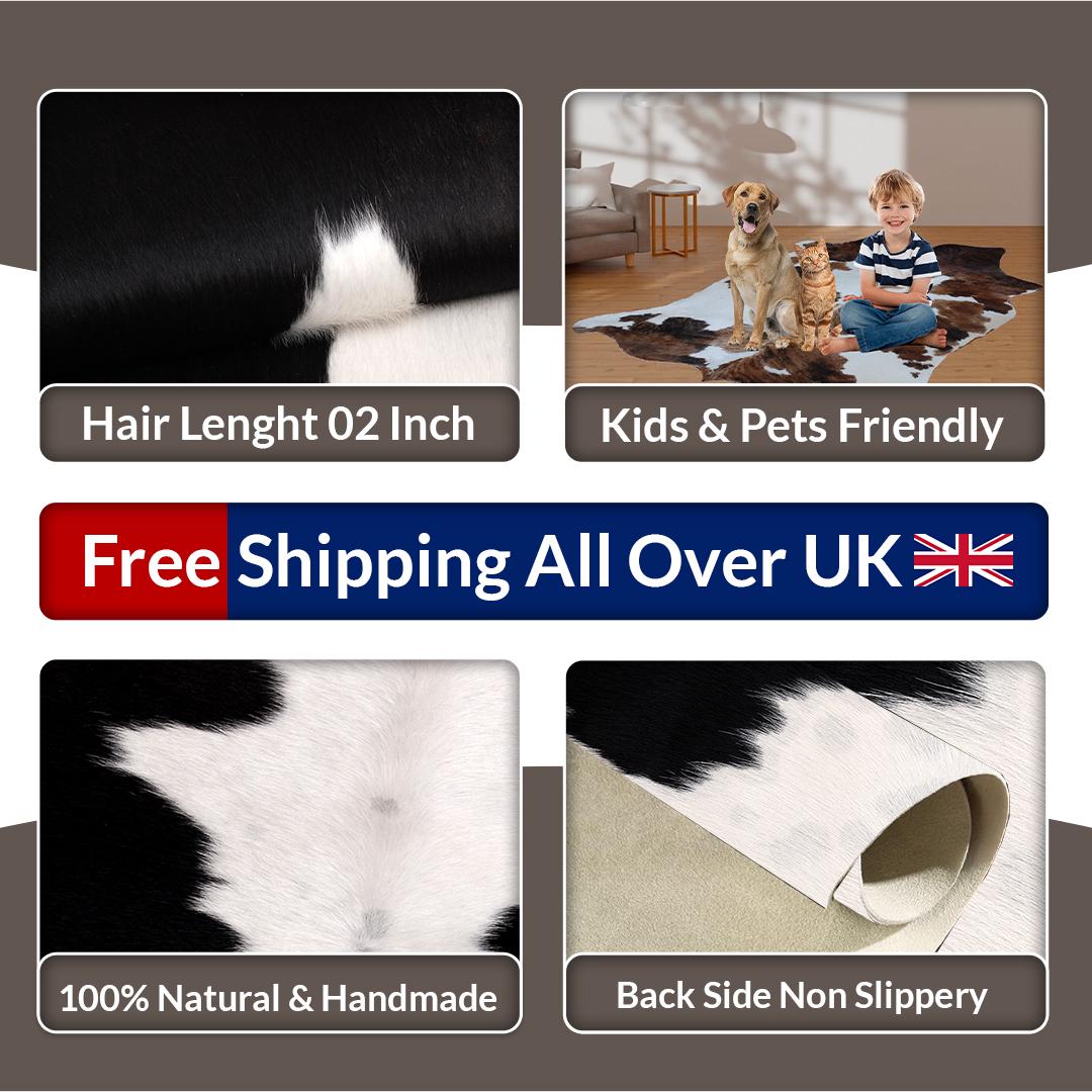 Luxury Brown & White Cowhide Rug for Bedroom - Living Room - Hypoallergenic, Non-Slip Suede Back, Non-Shedding - Free Shipping Across UK!