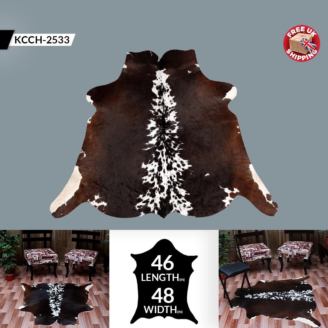 Luxury Brown & White Cowhide Rug for Bedroom - Living Room Decor - Hypoallergenic - Non-Slippery Suede Back - Free UK Shipping - Celestial Leather Limited
