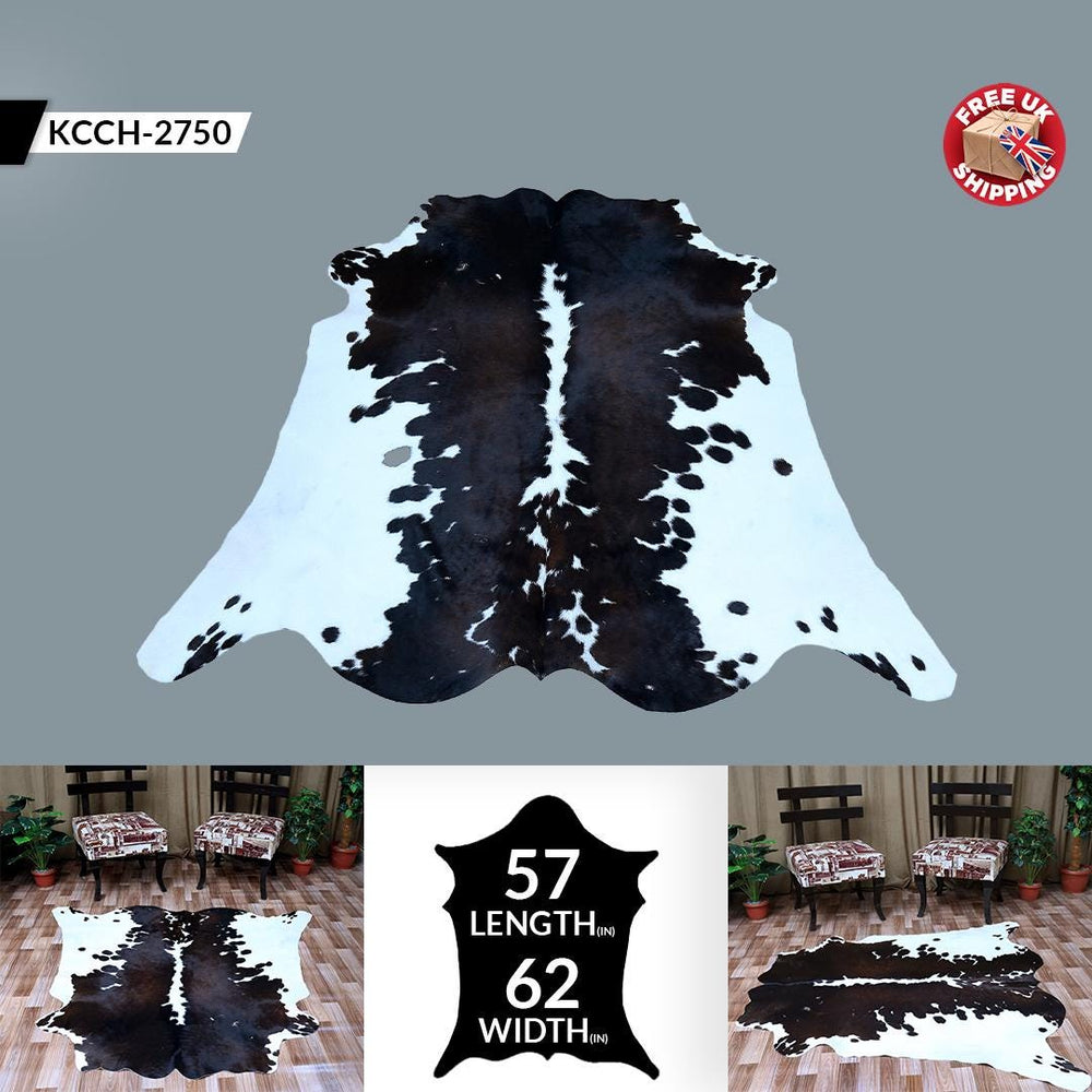 Luxurious Large Dark Brown & White Cow Skin Rug with Natural Hair for Bedroom or Living Room - Celestial Leather Limited