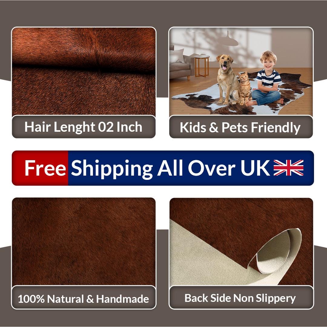 Luxurious Brown and White Cowhide Rug for Elegant Home Décor - Hypoallergenic, Non-Slip, Non-Shedding - Free Shipping in the UK - Top