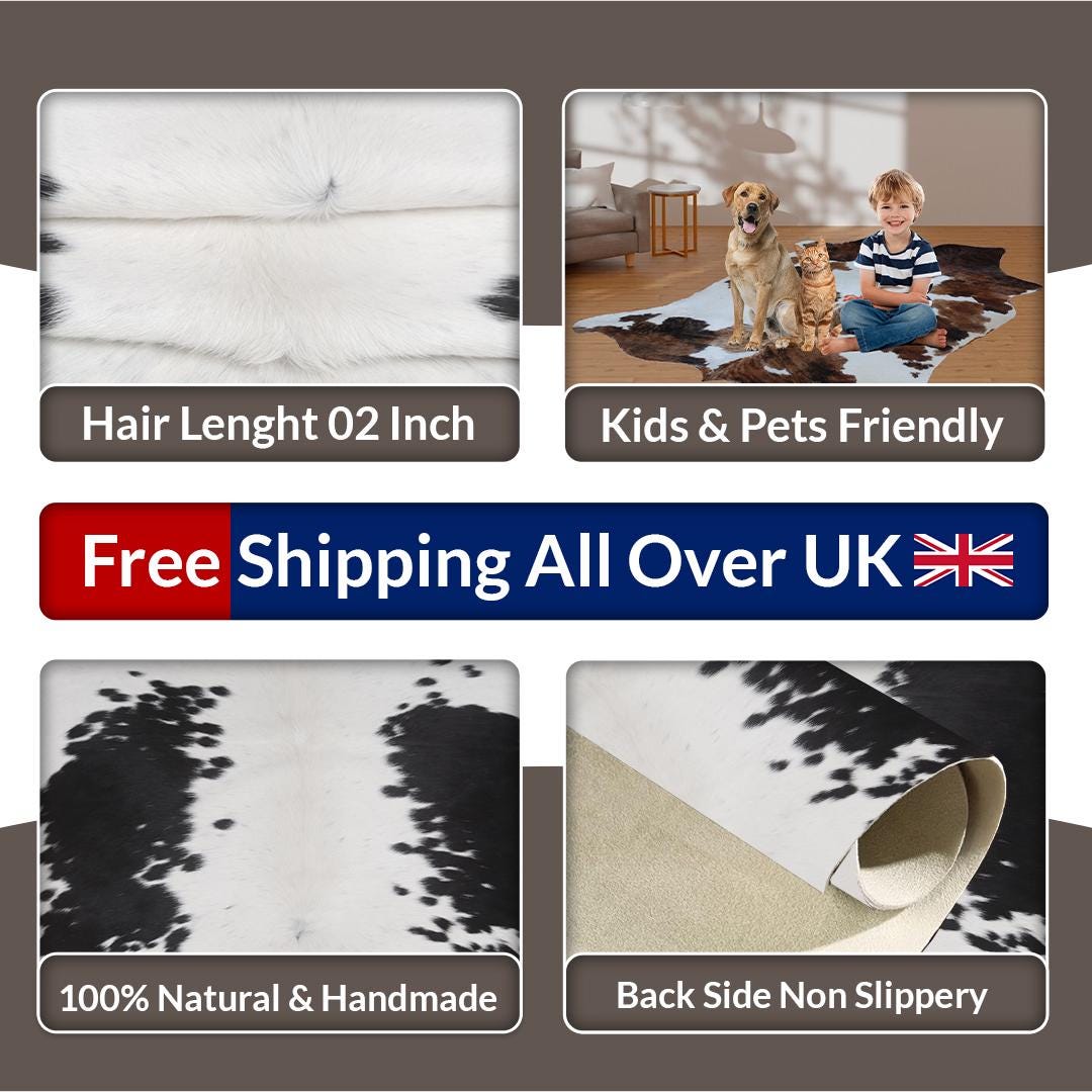 Luxuriously Handcrafted Natural Cowhide Area Rug - Hypoallergenic, Non-Slip Backing, Unique Markings, Durable and Versatile
