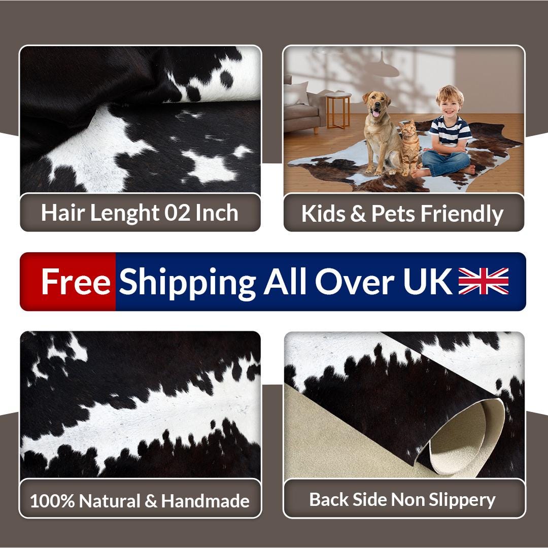 Luxury Dark Brown & White Cowhide Rug - Hypoallergenic, Non-Slip Backing, Handcrafted Medium Cow Skin Rug for Modern Home Decor