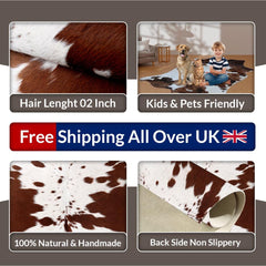 Luxury Medium Brown & White Cowhide Rug - Handcrafted Natural Hide with Soft Hair, Hypoallergenic, Non-Slip Backing, Unique Markings -