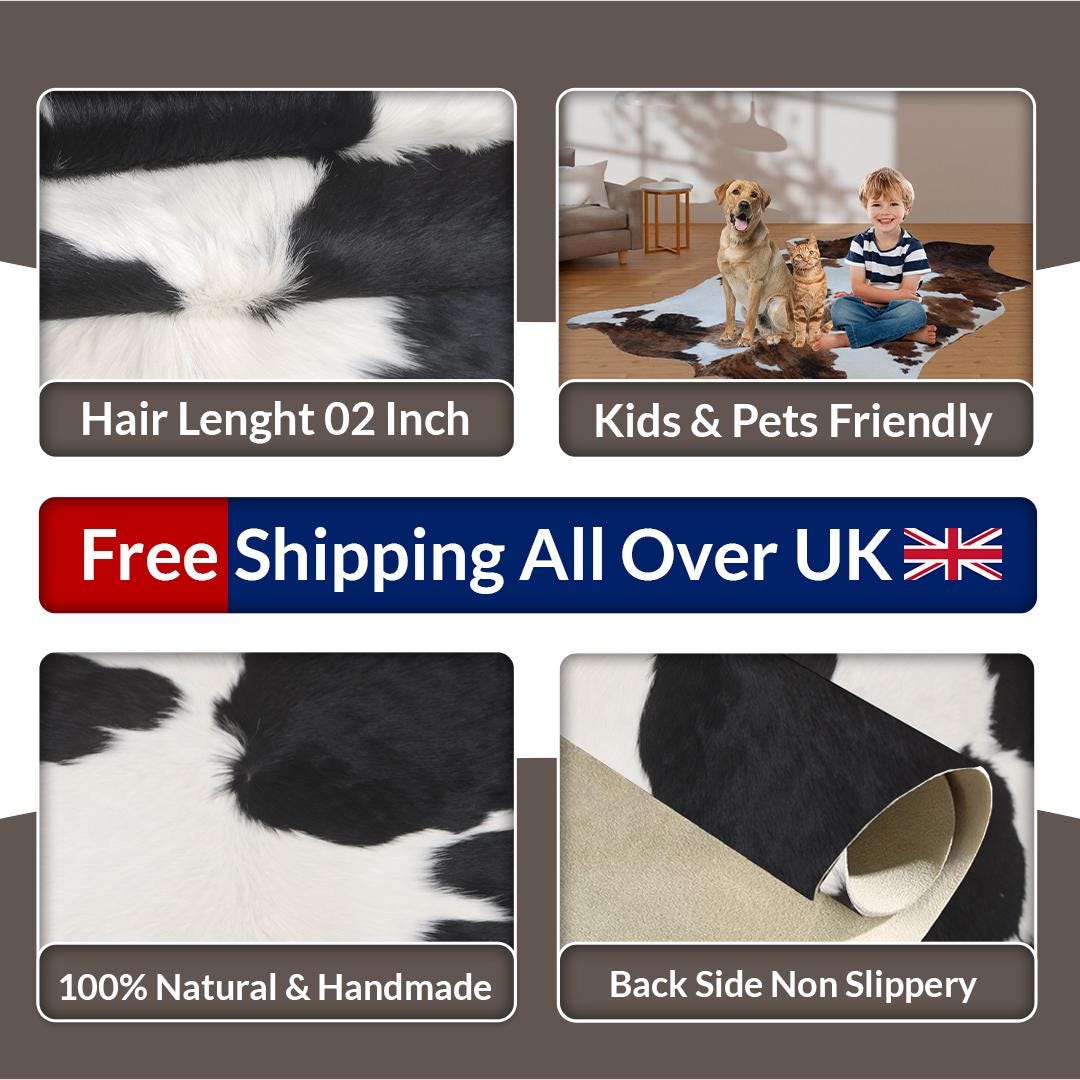 Luxury Small Black and White Cowhide Rug - Hypoallergenic Hair on Salt & Pepper Rug for Home Decor - Handcrafted Quality Rug
