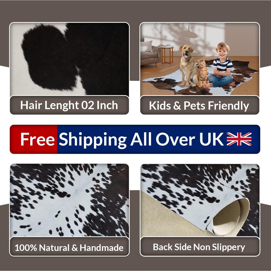 Luxurious Small Animal Print Cowhide Rug - Hypoallergenic, Non-Slip Back, Non-Shedding - Handcrafted Premium Hide - Free Shipping in the UK