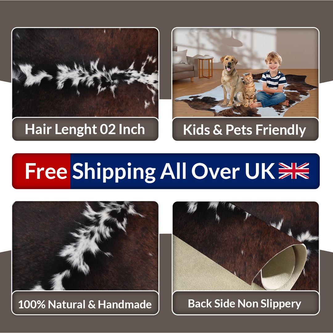 Stunning Dark Brown and White Cowhide Rug - Handcrafted Hypoallergenic Rug with Non-Slip Suede Backing - Luxurious and Practical Living Room