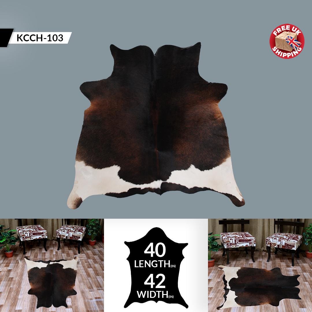 Exquisite Dark Brown and White Cowhide Rug for Elegant Living Room Decor - Small Size, Hypoallergenic, Non-Shedding, Free UK Shipping