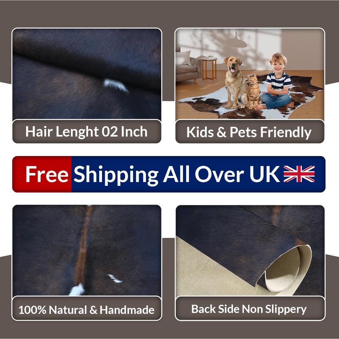 Luxurious Dark Brown & White Cowhide Rug | Hypoallergenic, Non-Slip, Non-Shedding | Handcrafted Premium Hide | Small 10-15 sq ft | Free UK