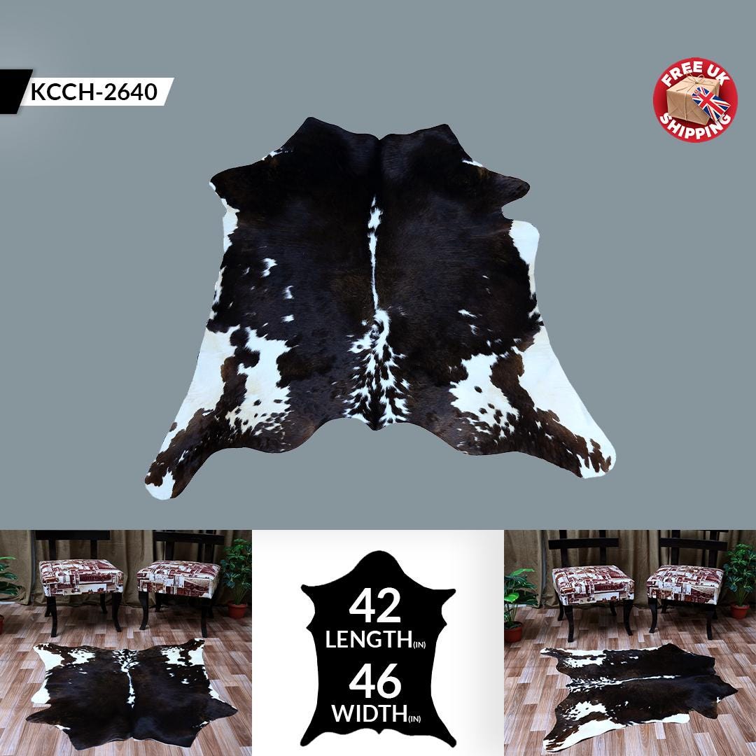 Luxurious Dark Brown and White Cowhide Rug - Handcrafted Small Animal Pattern Hide Rug, Hypoallergenic and Non-Slip Suede Back