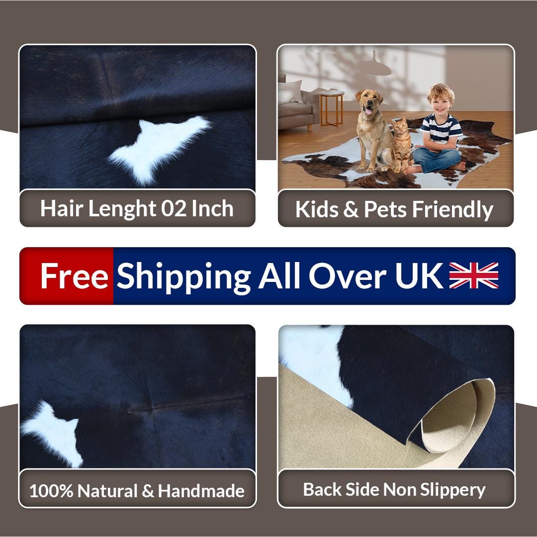 Luxurious Natural Dark Brown & White Cowhide Rug Small Area Animal Print Non Slippery Suede Back Non Shedding Hypoallergenic