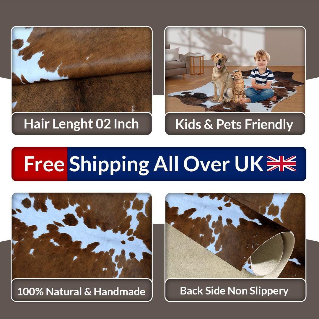 Luxurious Small Brown and White Cowhide Rug - Hypoallergenic, Non-Slip, Non-Shedding - Handcrafted Natural Hair Rug for Bedroom, Living Room