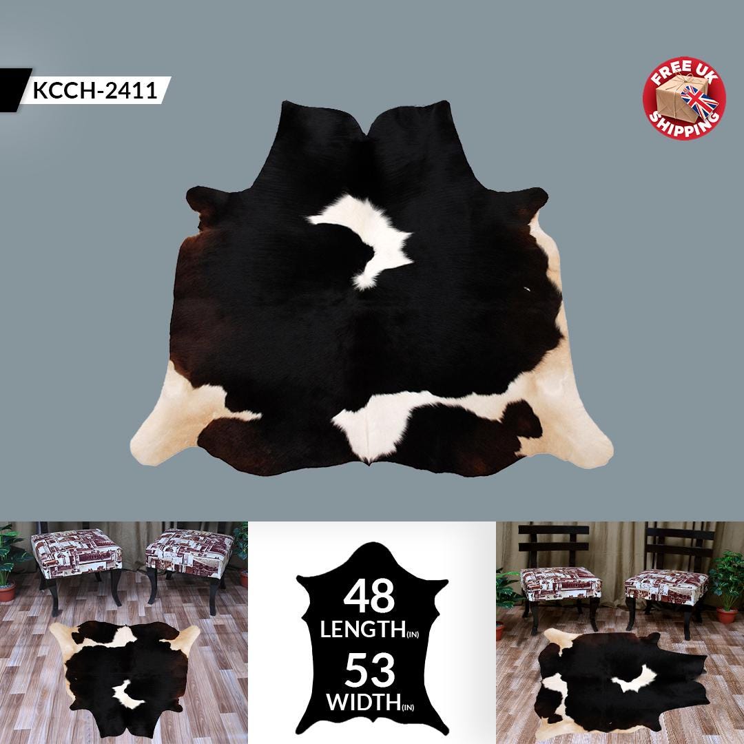 Luxurious Dark Brown and White Cowhide Rug | Medium Size | Handcrafted | Hypoallergenic & Non-Slip | Unique Natural Markings