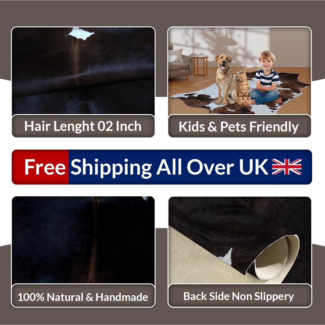 Luxury Medium Cowhide Rug: Dark Brown & White Hide, Hypoallergenic, Handcrafted, Durable - Versatile for Bedroom/ Living Room - 100% Natural