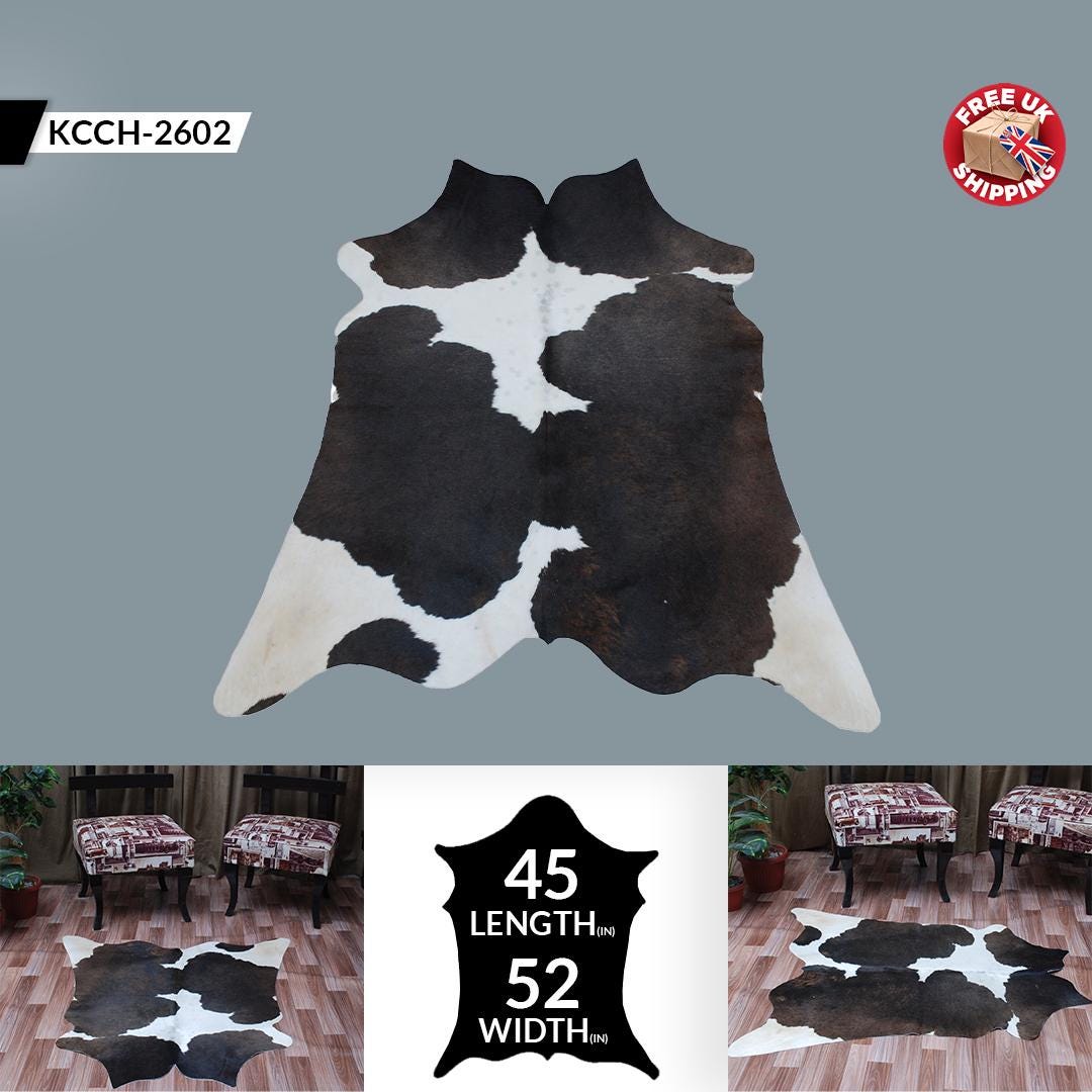 Luxury Medium Cowhide Rug Handcrafted from Natural Dark Brown & White Hair - Durable, Hypoallergenic, and Versatile Addition to Any Space