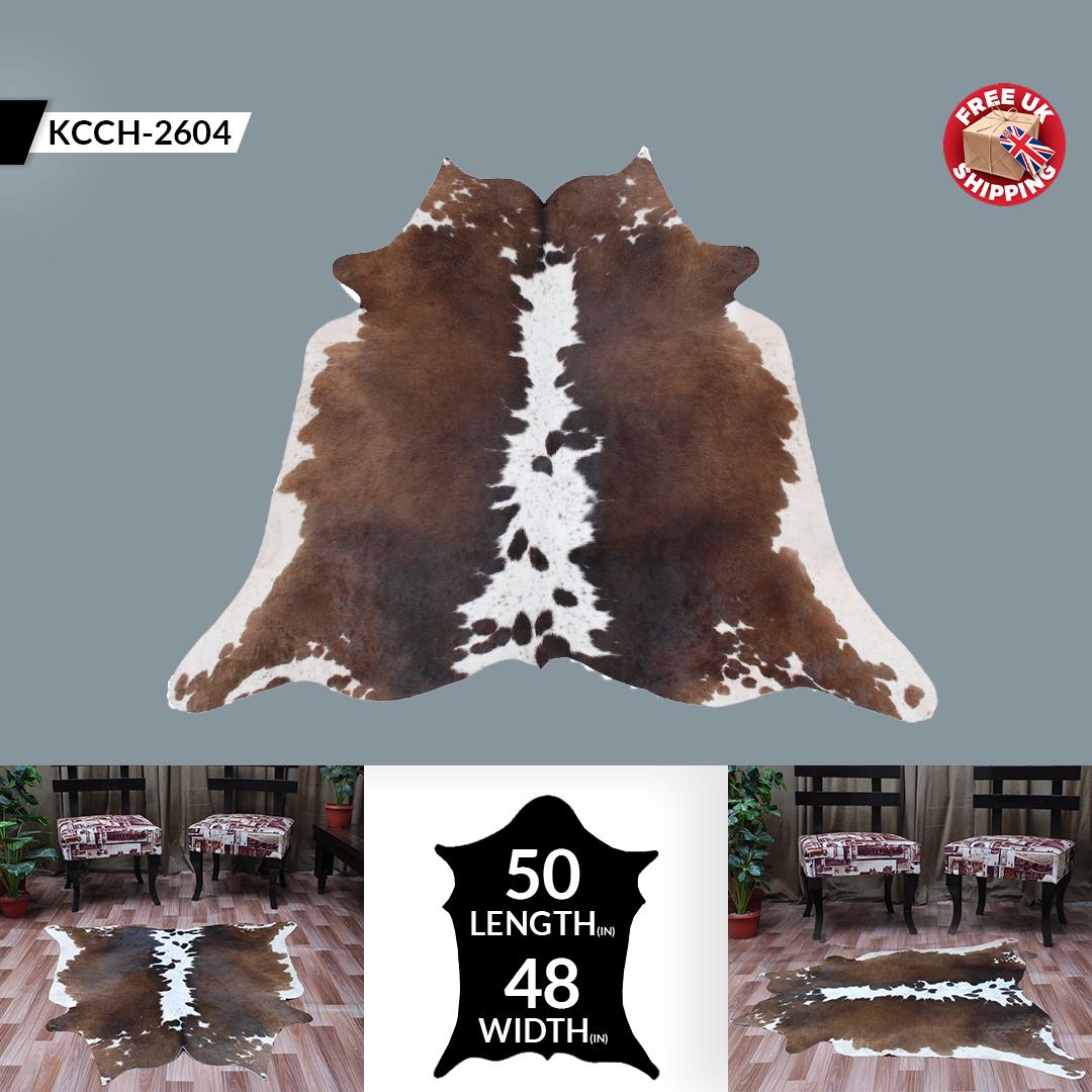 Luxurious Medium Brown & White Cowhide Rug with Hypoallergenic Suede Backing - Handcrafted, Unique Animal Pattern, Durable - Versatile Decor